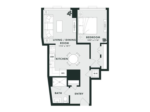 Floor plan for 1 bed, 1 bath, 721 sqft